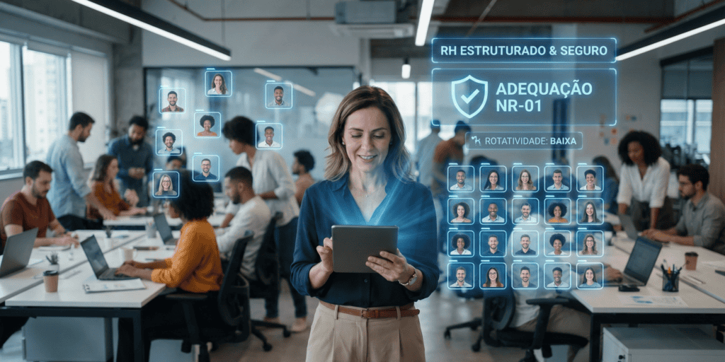 Tecnologia de RH, gestão de pessoas, time no escritório, inovação em recursos humanos.